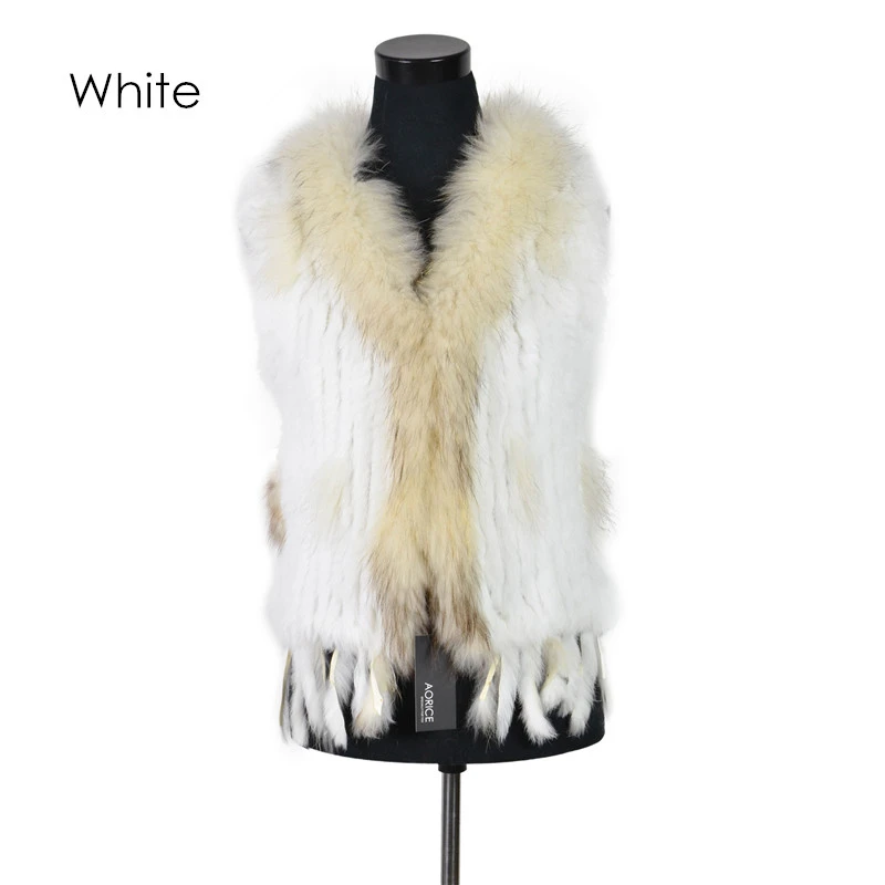 VR001-17 Womens Natural Real Rabbit Fur Vest With Raccoon Fur Collar Waistcoat/jackets Rex Rabbit Knitted