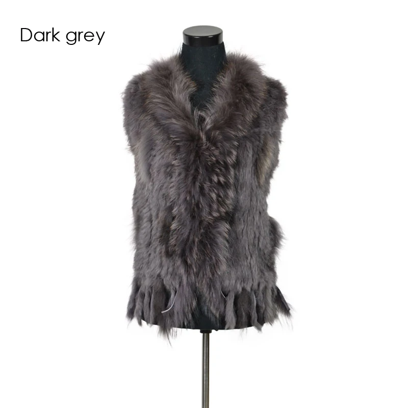 VR001-17 Womens Natural Real Rabbit Fur Vest With Raccoon Fur Collar Waistcoat/jackets Rex Rabbit Knitted