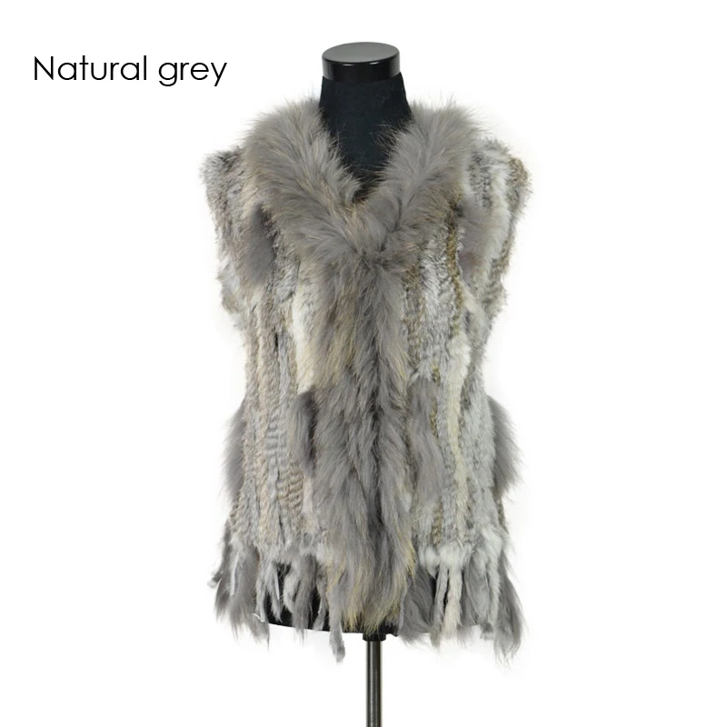 VR001-17 Womens Natural Real Rabbit Fur Vest With Raccoon Fur Collar Waistcoat/jackets Rex Rabbit Knitted