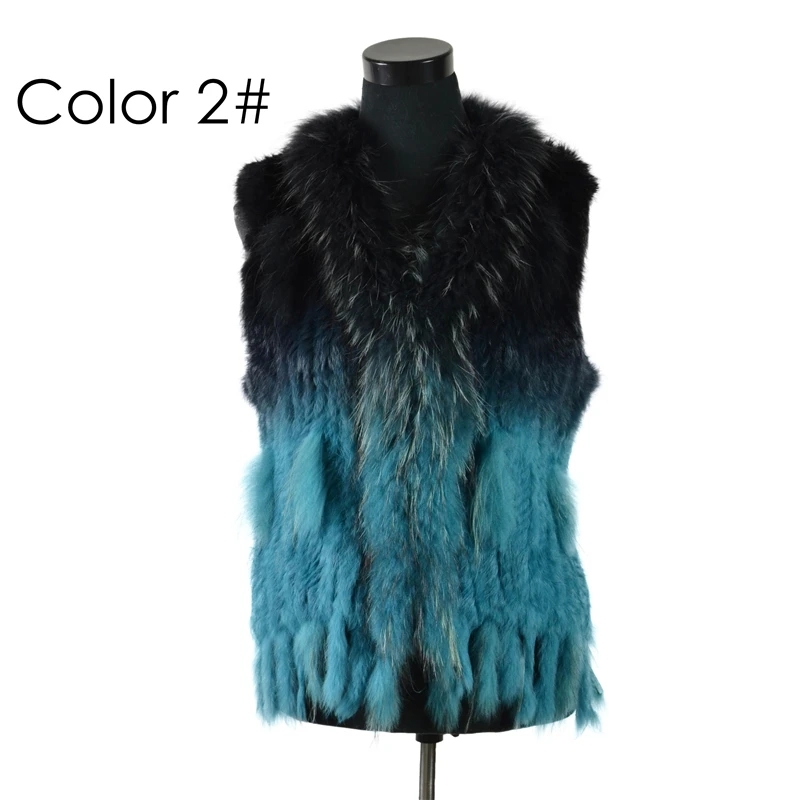 VR001-17 Womens Natural Real Rabbit Fur Vest With Raccoon Fur Collar Waistcoat/jackets Rex Rabbit Knitted