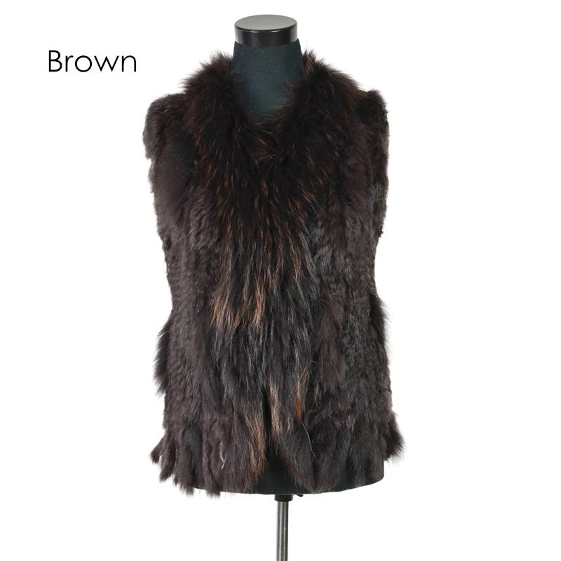 VR001-17 Womens Natural Real Rabbit Fur Vest With Raccoon Fur Collar Waistcoat/jackets Rex Rabbit Knitted