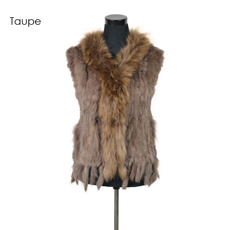 VR001-17 Womens Natural Real Rabbit Fur Vest With Raccoon Fur Collar Waistcoat/jackets Rex Rabbit Knitted