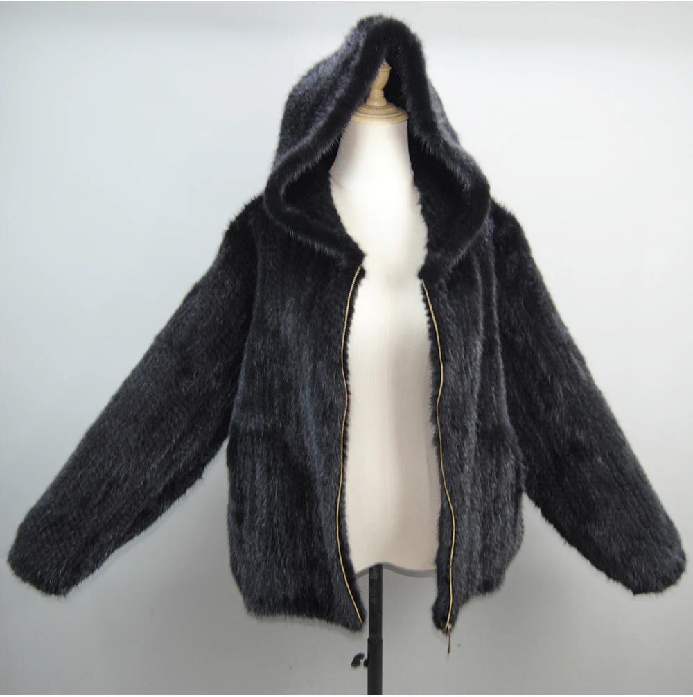 2026 New Women Mink Fur Coat Long-Sleeve Hooded Casual Jacket Fashion All-match Zipper Knitted Outerwear Jacket Custom Plus Size