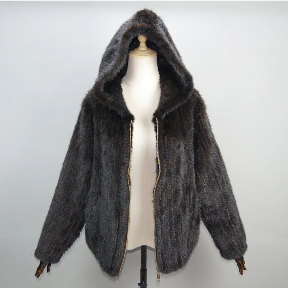 2026 New Women Mink Fur Coat Long-Sleeve Hooded Casual Jacket Fashion All-match Zipper Knitted Outerwear Jacket Custom Plus Size