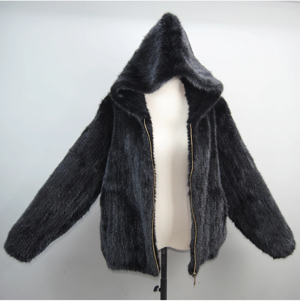 2026 New Women Mink Fur Coat Long-Sleeve Hooded Casual Jacket Fashion All-match Zipper Knitted Outerwear Jacket Custom Plus Size