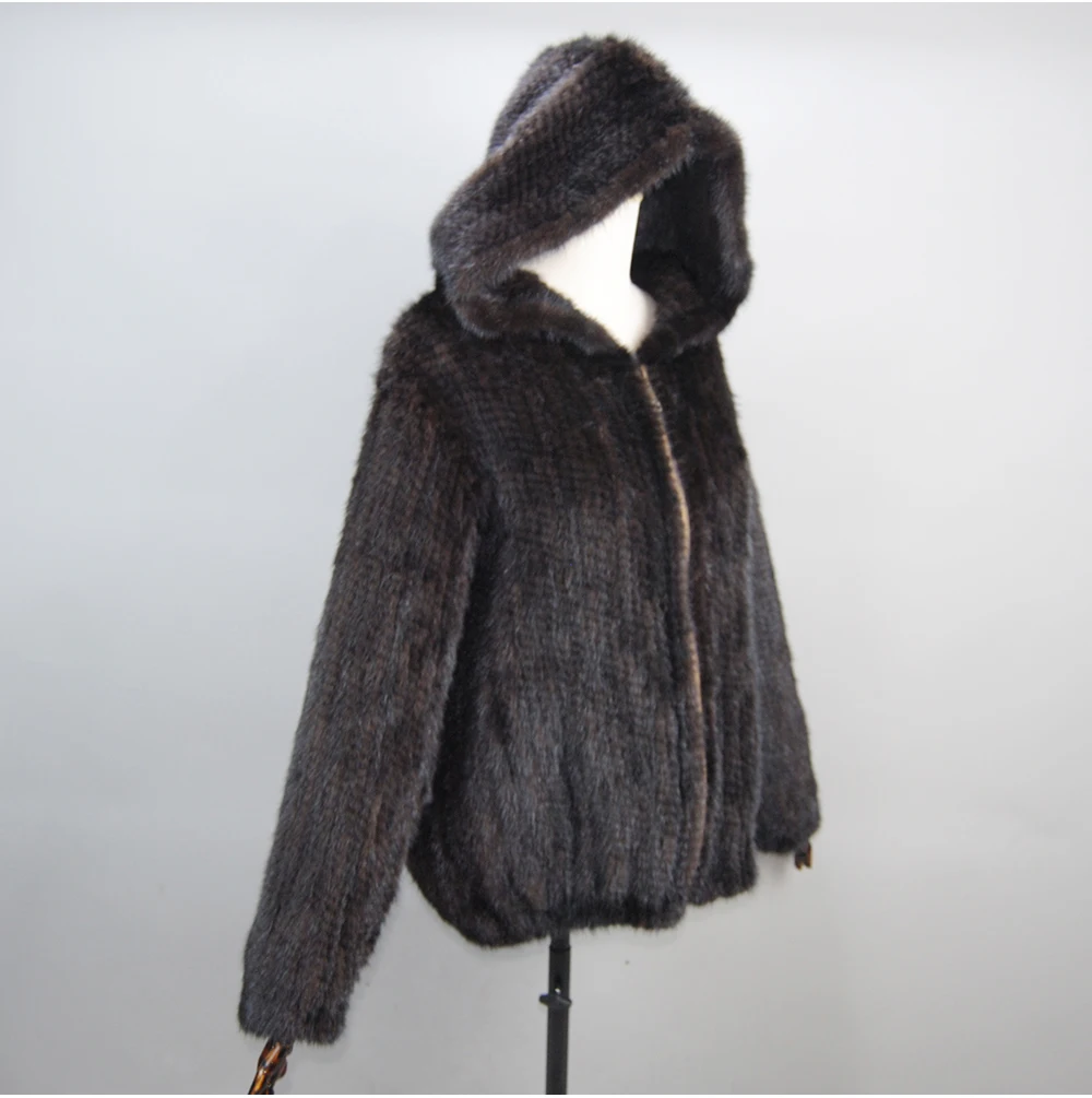 2026 New Women Mink Fur Coat Long-Sleeve Hooded Casual Jacket Fashion All-match Zipper Knitted Outerwear Jacket Custom Plus Size