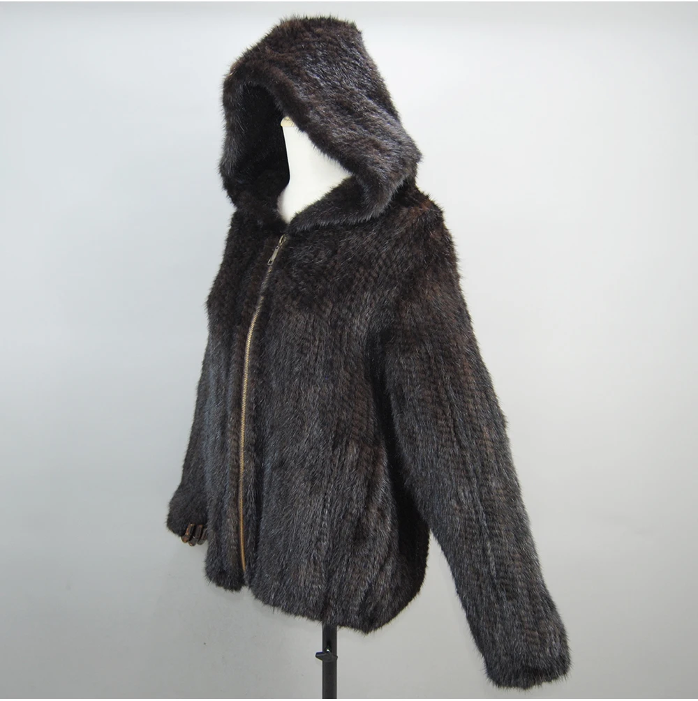 2026 New Women Mink Fur Coat Long-Sleeve Hooded Casual Jacket Fashion All-match Zipper Knitted Outerwear Jacket Custom Plus Size
