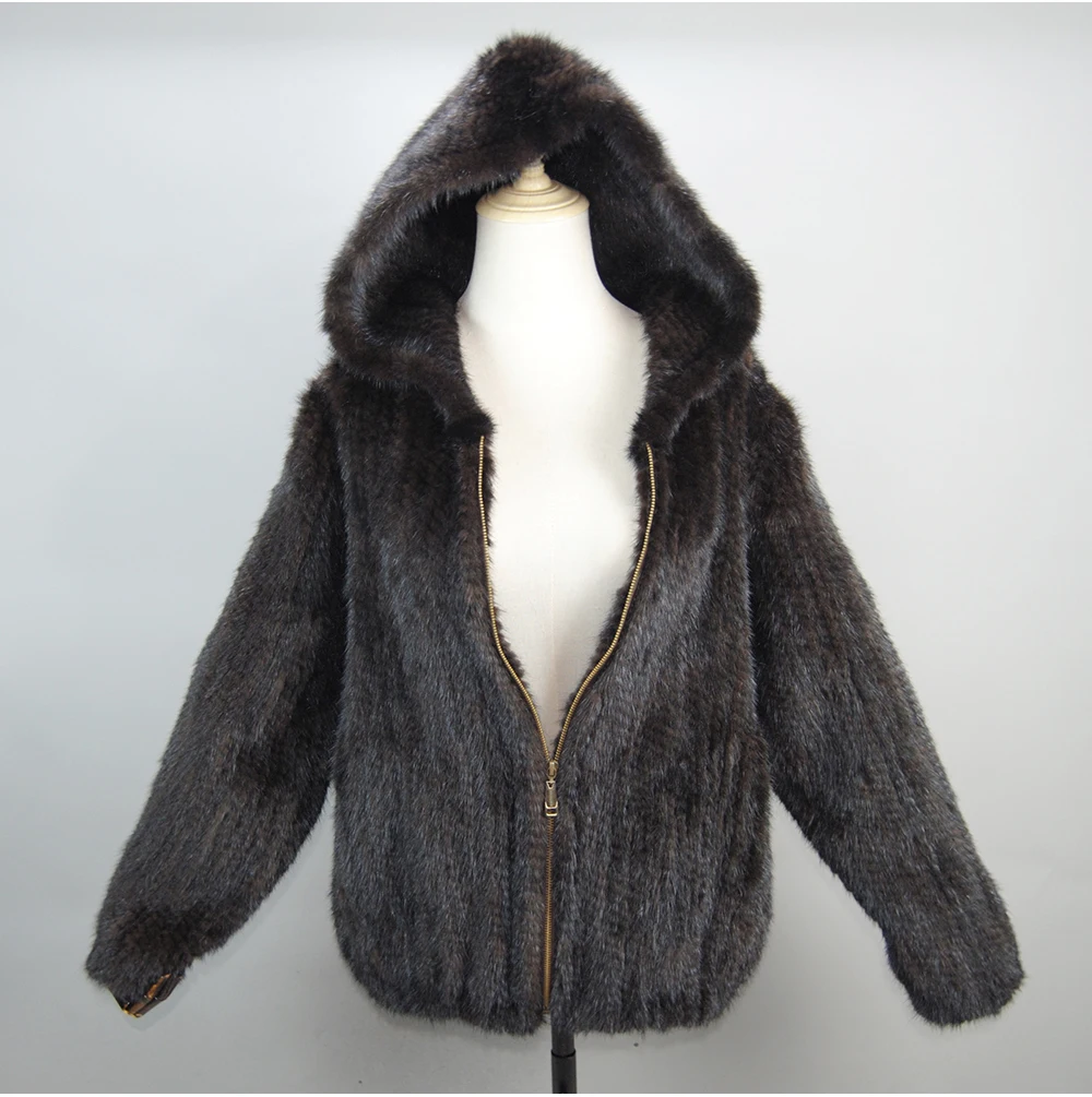 2026 New Women Mink Fur Coat Long-Sleeve Hooded Casual Jacket Fashion All-match Zipper Knitted Outerwear Jacket Custom Plus Size