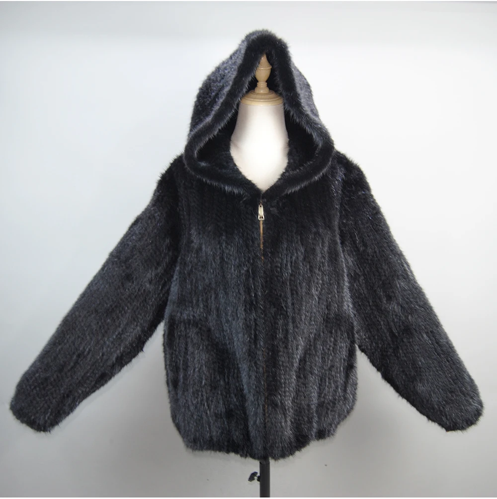 2026 New Women Mink Fur Coat Long-Sleeve Hooded Casual Jacket Fashion All-match Zipper Knitted Outerwear Jacket Custom Plus Size