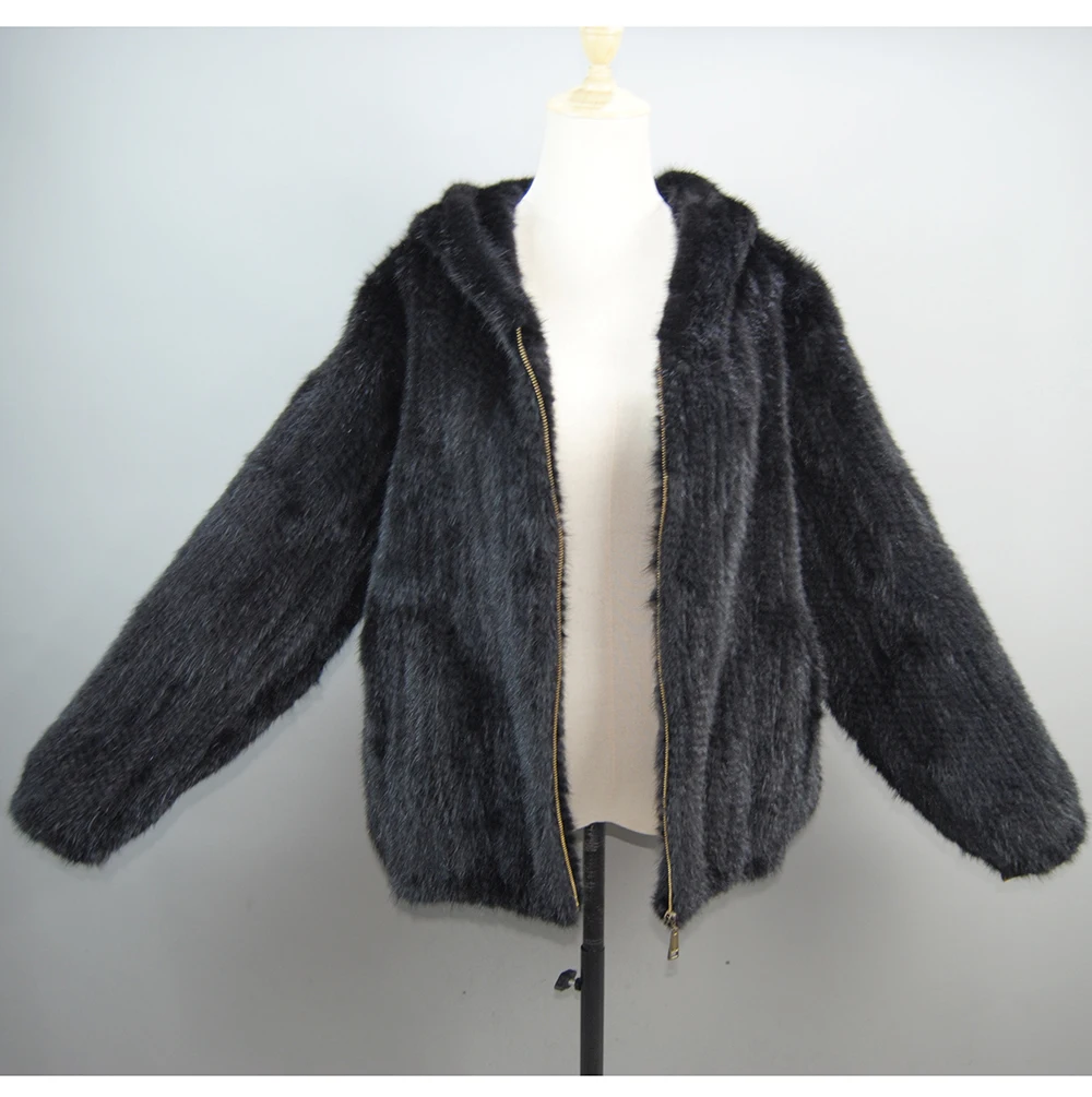 2026 New Women Mink Fur Coat Long-Sleeve Hooded Casual Jacket Fashion All-match Zipper Knitted Outerwear Jacket Custom Plus Size