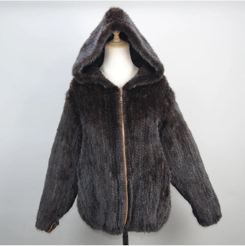 2026 New Women Mink Fur Coat Long-Sleeve Hooded Casual Jacket Fashion All-match Zipper Knitted Outerwear Jacket Custom Plus Size