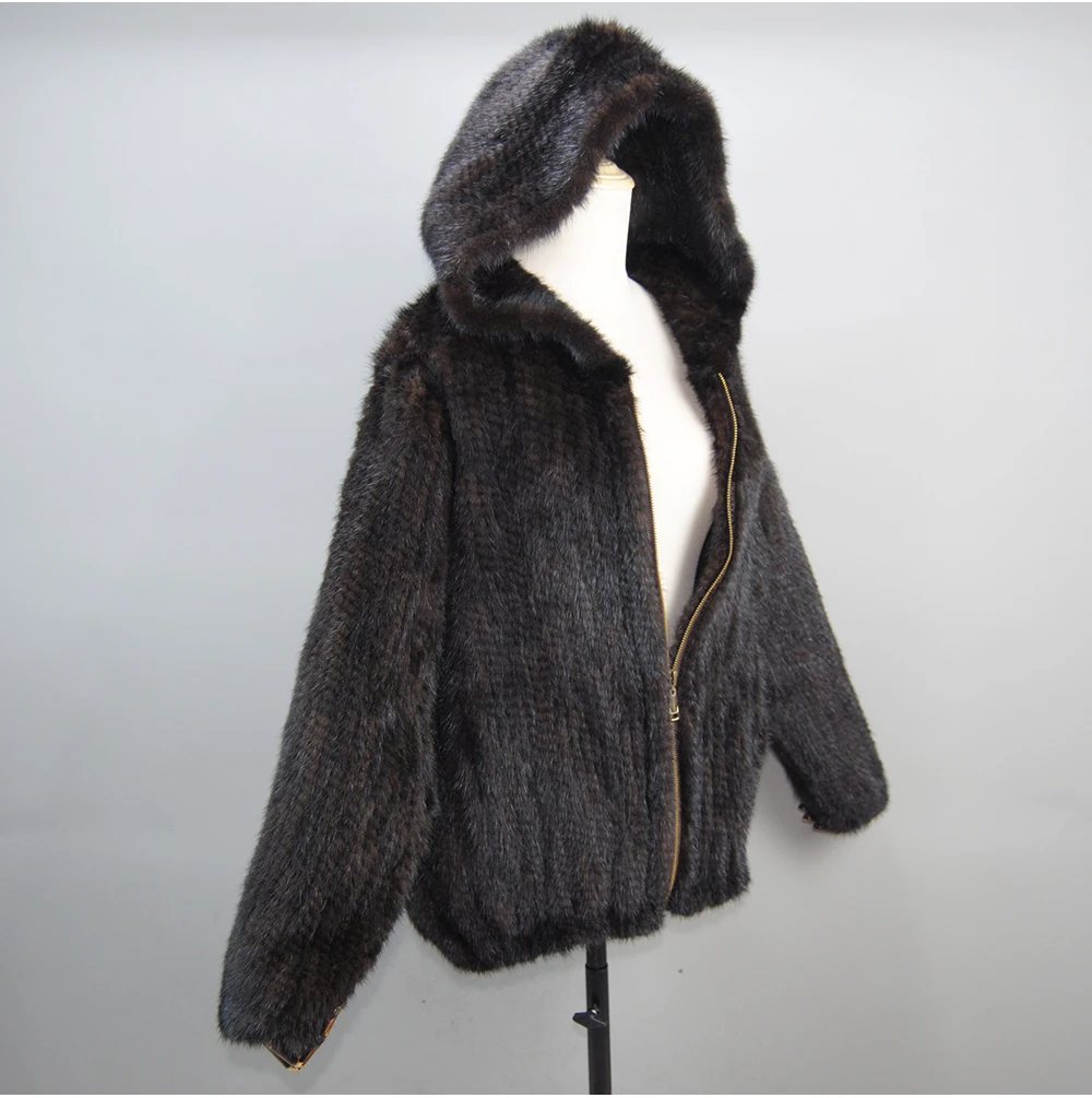 2026 New Women Mink Fur Coat Long-Sleeve Hooded Casual Jacket Fashion All-match Zipper Knitted Outerwear Jacket Custom Plus Size