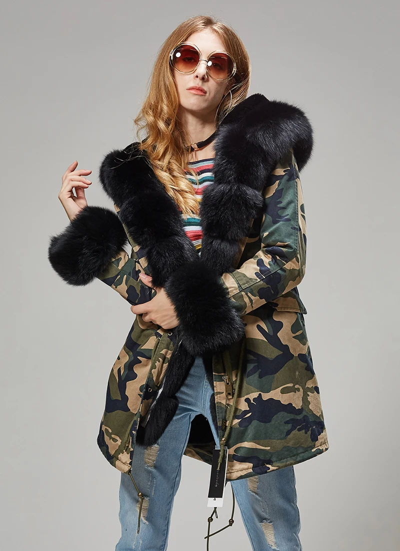 MAOMAOKONG 2026 Winter Women Coat Natural Fox Fur Collar Cuff Black Jackets Outwear Thick Luxury Real Fur Parka Women's Fur Coat