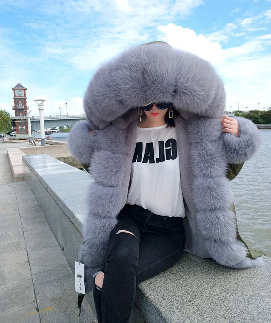 MAOMAOKONG 2026 Winter Women Coat Natural Fox Fur Collar Cuff Black Jackets Outwear Thick Luxury Real Fur Parka Women's Fur Coat