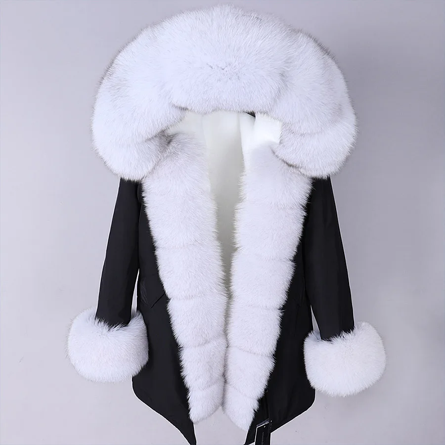 MAOMAOKONG 2026 Winter Women Coat Natural Fox Fur Collar Cuff Black Jackets Outwear Thick Luxury Real Fur Parka Women's Fur Coat