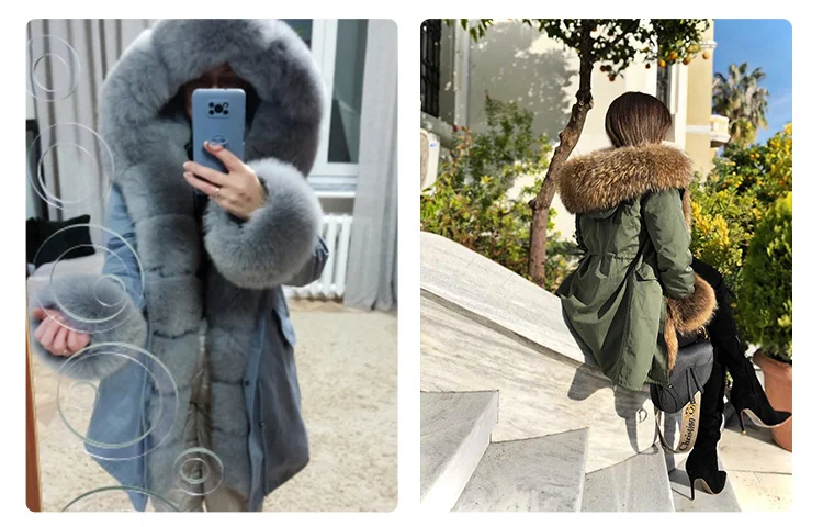 MAOMAOKONG 2026 Winter Women Coat Natural Fox Fur Collar Cuff Black Jackets Outwear Thick Luxury Real Fur Parka Women's Fur Coat