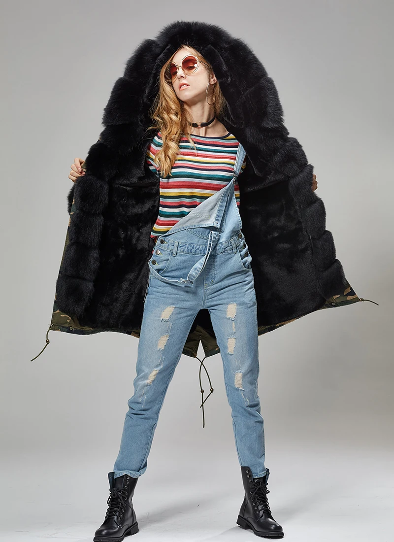 MAOMAOKONG 2026 Winter Women Coat Natural Fox Fur Collar Cuff Black Jackets Outwear Thick Luxury Real Fur Parka Women's Fur Coat