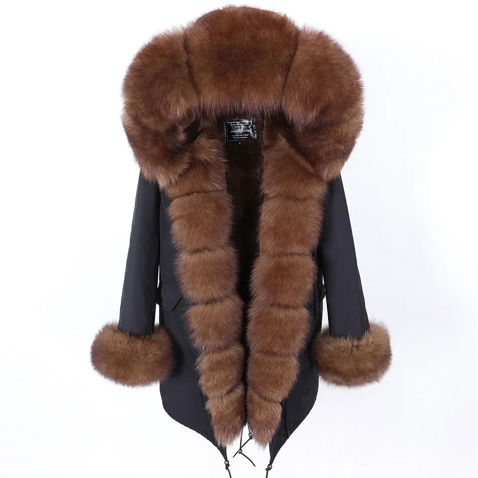 MAOMAOKONG 2026 Winter Women Coat Natural Fox Fur Collar Cuff Black Jackets Outwear Thick Luxury Real Fur Parka Women's Fur Coat