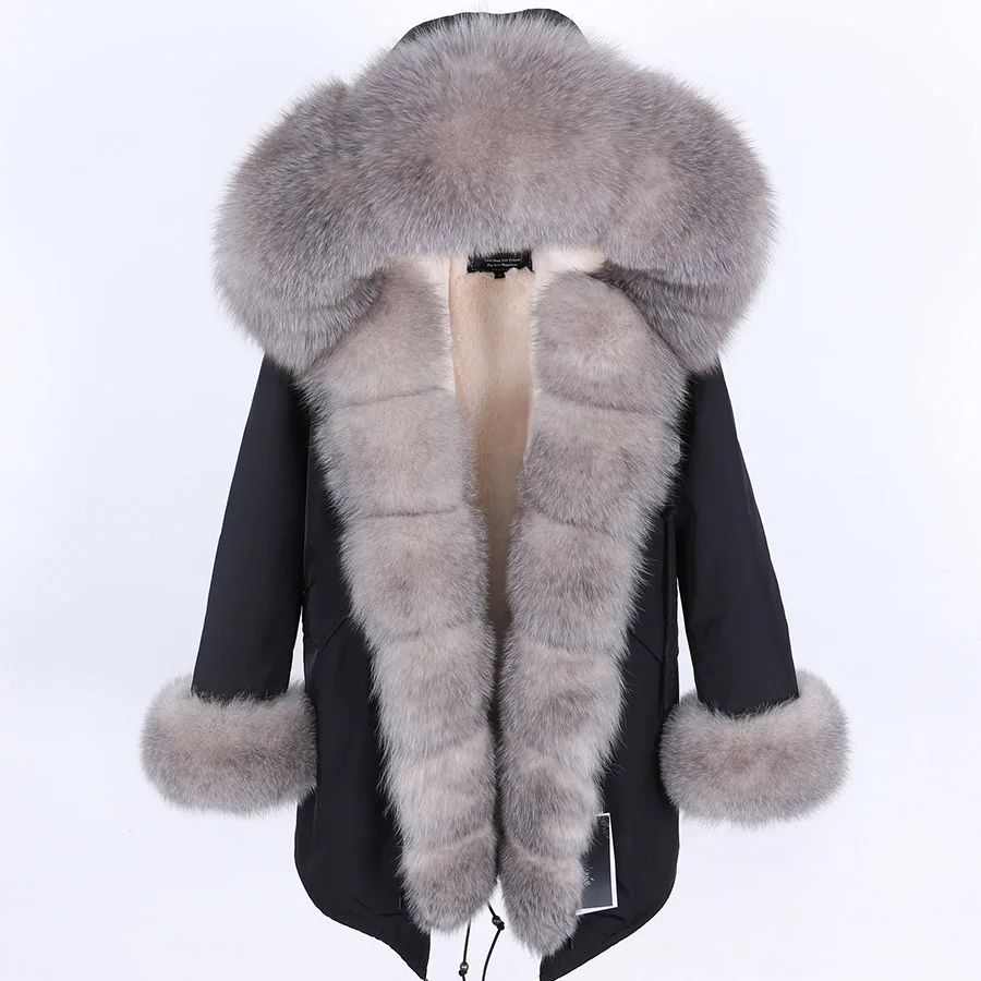 MAOMAOKONG 2026 Winter Women Coat Natural Fox Fur Collar Cuff Black Jackets Outwear Thick Luxury Real Fur Parka Women's Fur Coat