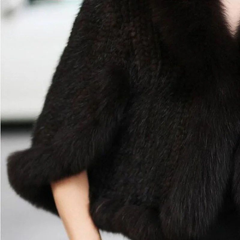 Luxury Ladies Autumn Winter Genuine Knitted Mink Fur Shawls Fox Fur Collar Women Fur Pashmina Wraps Bridal Cape Coat Jacket