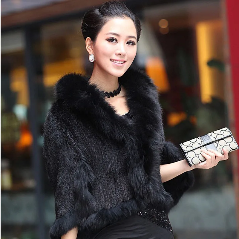 Luxury Ladies Autumn Winter Genuine Knitted Mink Fur Shawls Fox Fur Collar Women Fur Pashmina Wraps Bridal Cape Coat Jacket