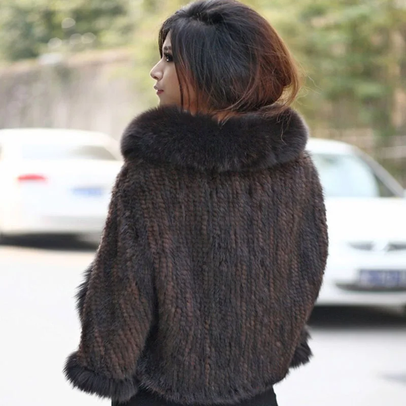 Luxury Ladies Autumn Winter Genuine Knitted Mink Fur Shawls Fox Fur Collar Women Fur Pashmina Wraps Bridal Cape Coat Jacket