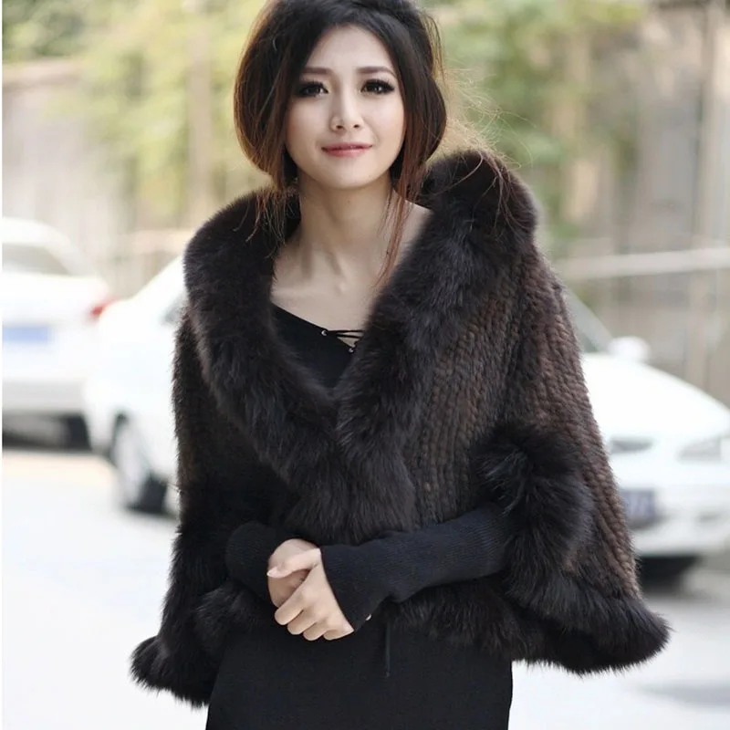 Luxury Ladies Autumn Winter Genuine Knitted Mink Fur Shawls Fox Fur Collar Women Fur Pashmina Wraps Bridal Cape Coat Jacket