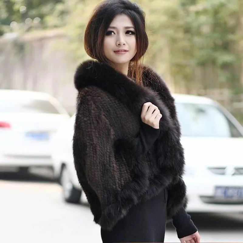 Luxury Ladies Autumn Winter Genuine Knitted Mink Fur Shawls Fox Fur Collar Women Fur Pashmina Wraps Bridal Cape Coat Jacket