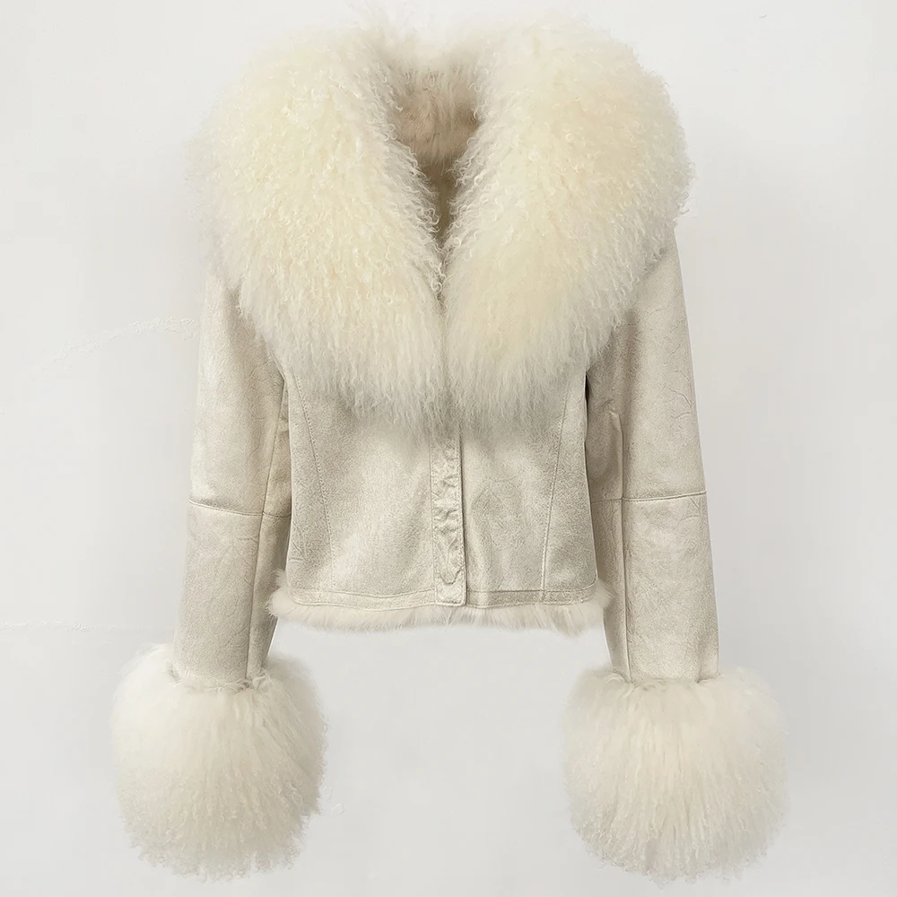 OFTBUY Natural Mongolia Sheep Fur Coat Female Autumn Winter Suede Jacket Women Fashion Short Warm Real Rabbit Fur Liner Clothes