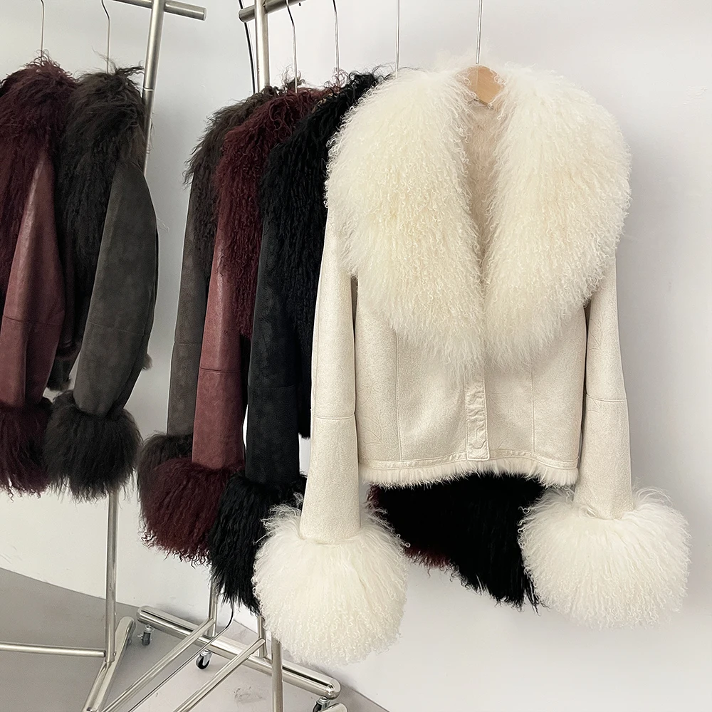 OFTBUY Natural Mongolia Sheep Fur Coat Female Autumn Winter Suede Jacket Women Fashion Short Warm Real Rabbit Fur Liner Clothes
