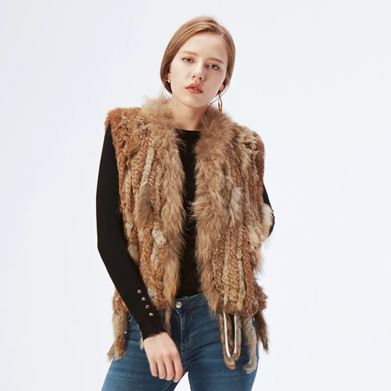 ETHEL ANDERSON Genuine Rabbit Fur Vest Gilet Tassels High Quality Real Fur Kintted Waistcoat Vtg Raccoon Fur Collar Outwear Top