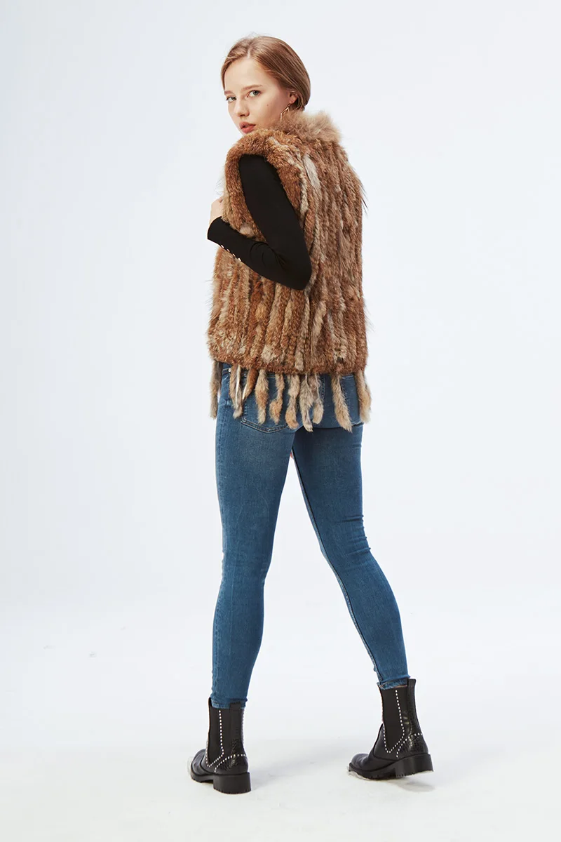 ETHEL ANDERSON Genuine Rabbit Fur Vest Gilet Tassels High Quality Real Fur Kintted Waistcoat Vtg Raccoon Fur Collar Outwear Top