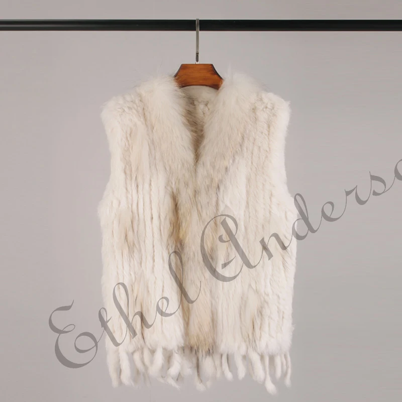 ETHEL ANDERSON Genuine Rabbit Fur Vest Gilet Tassels High Quality Real Fur Kintted Waistcoat Vtg Raccoon Fur Collar Outwear Top