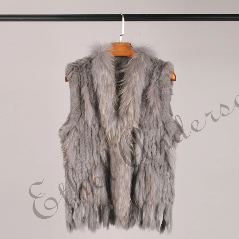 ETHEL ANDERSON Genuine Rabbit Fur Vest Gilet Tassels High Quality Real Fur Kintted Waistcoat Vtg Raccoon Fur Collar Outwear Top