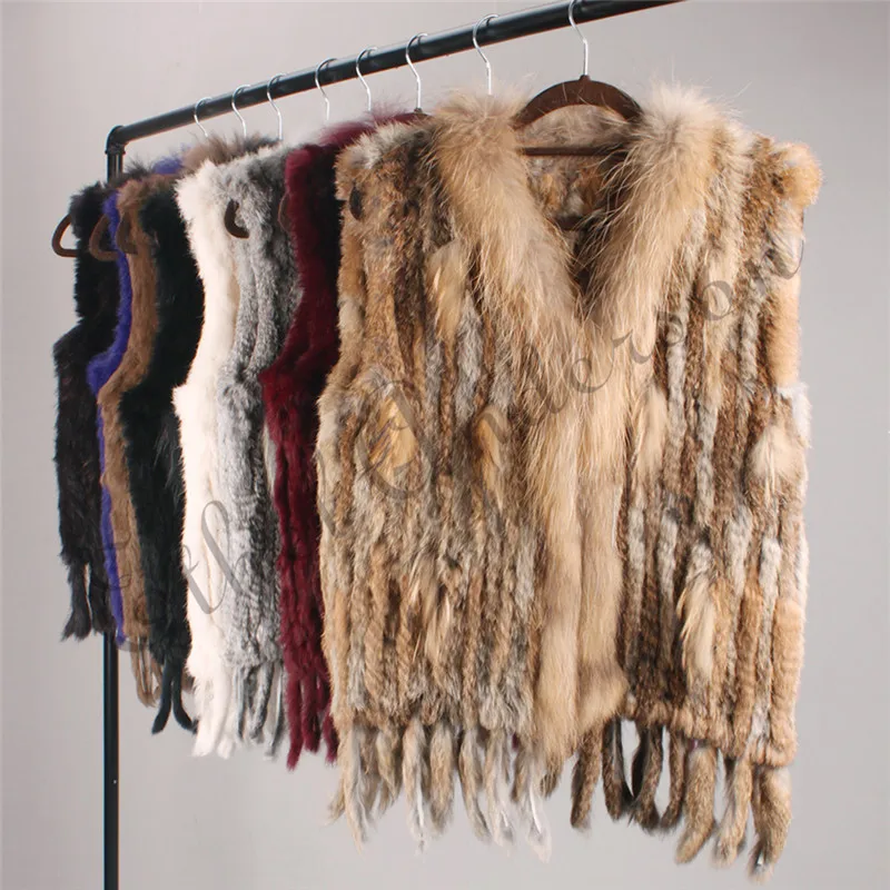 ETHEL ANDERSON Genuine Rabbit Fur Vest Gilet Tassels High Quality Real Fur Kintted Waistcoat Vtg Raccoon Fur Collar Outwear Top