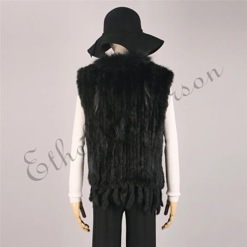 ETHEL ANDERSON Genuine Rabbit Fur Vest Gilet Tassels High Quality Real Fur Kintted Waistcoat Vtg Raccoon Fur Collar Outwear Top