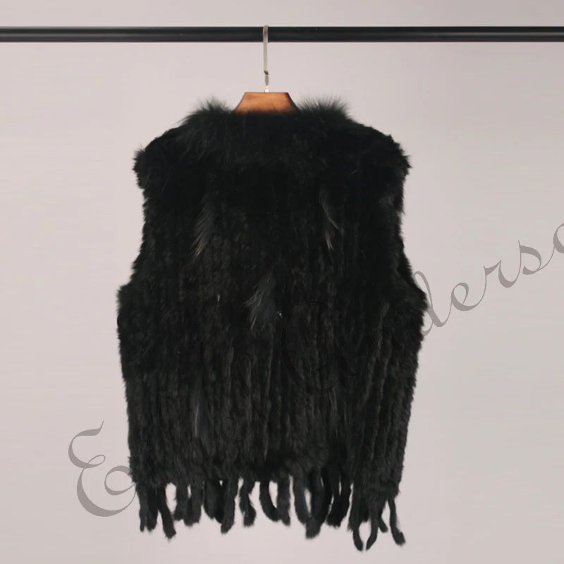 ETHEL ANDERSON Genuine Rabbit Fur Vest Gilet Tassels High Quality Real Fur Kintted Waistcoat Vtg Raccoon Fur Collar Outwear Top