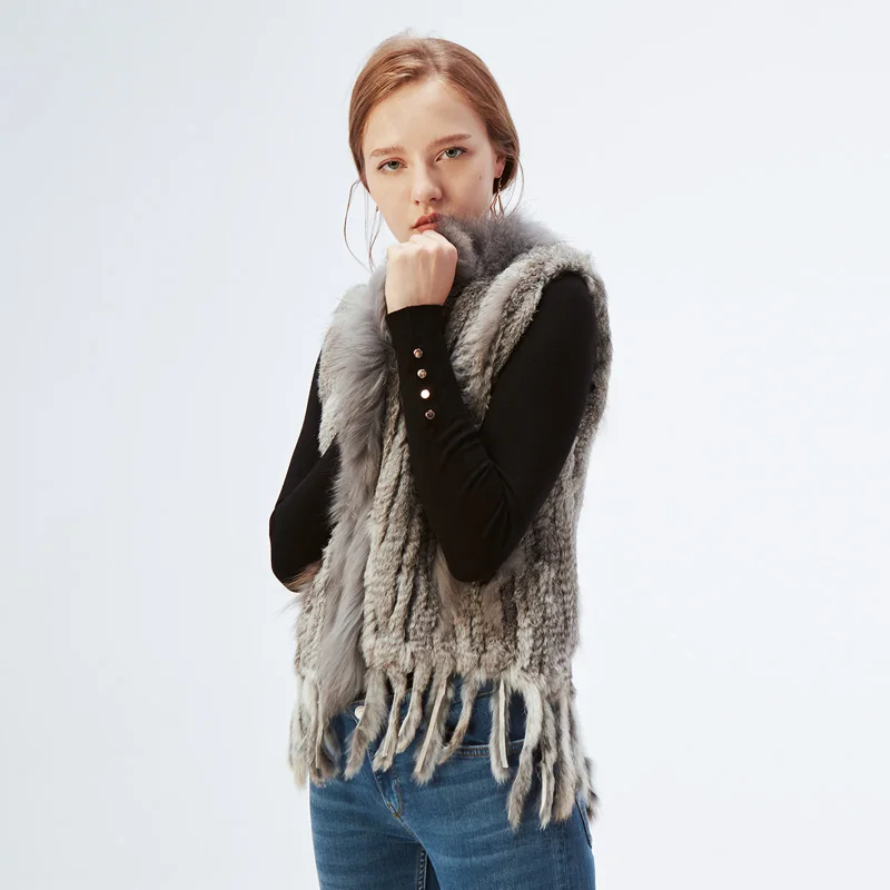 ETHEL ANDERSON Genuine Rabbit Fur Vest Gilet Tassels High Quality Real Fur Kintted Waistcoat Vtg Raccoon Fur Collar Outwear Top
