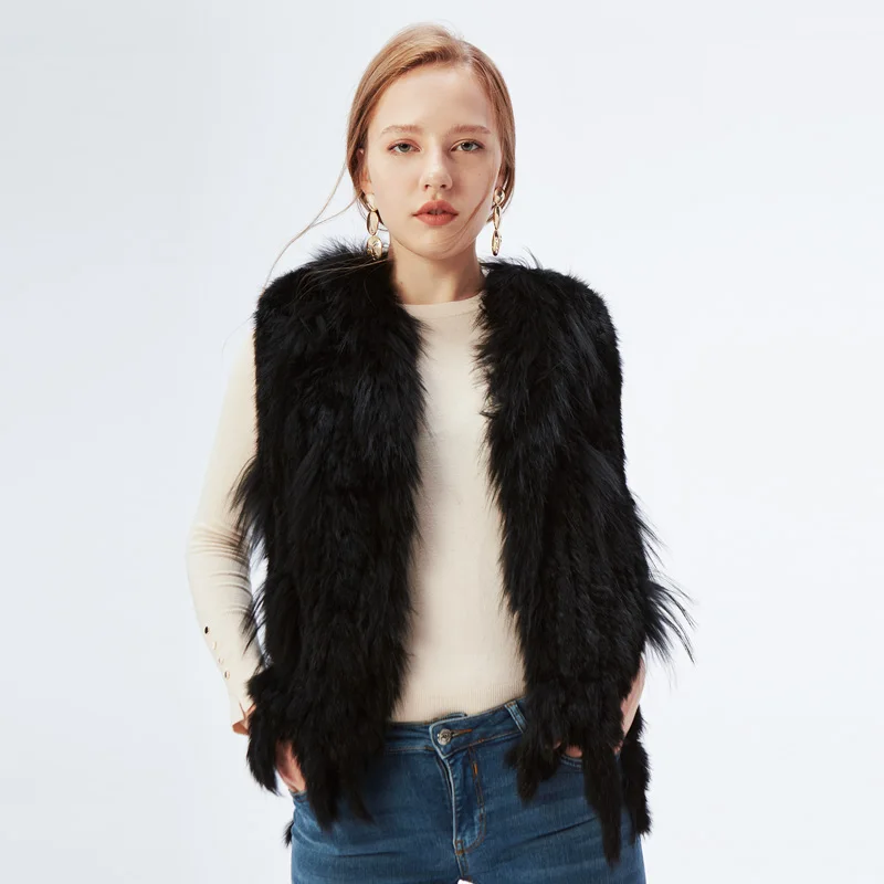 ETHEL ANDERSON Genuine Rabbit Fur Vest Gilet Tassels High Quality Real Fur Kintted Waistcoat Vtg Raccoon Fur Collar Outwear Top