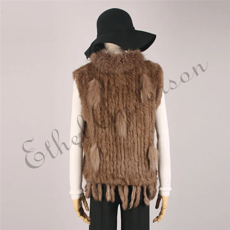 ETHEL ANDERSON Genuine Rabbit Fur Vest Gilet Tassels High Quality Real Fur Kintted Waistcoat Vtg Raccoon Fur Collar Outwear Top