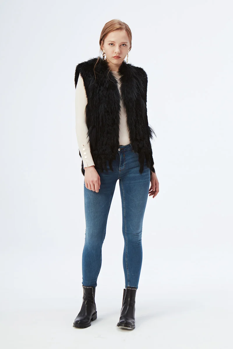 ETHEL ANDERSON Genuine Rabbit Fur Vest Gilet Tassels High Quality Real Fur Kintted Waistcoat Vtg Raccoon Fur Collar Outwear Top