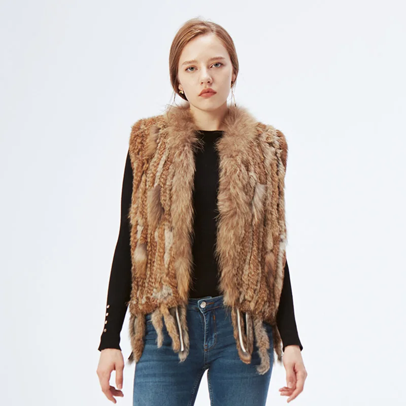 ETHEL ANDERSON Genuine Rabbit Fur Vest Gilet Tassels High Quality Real Fur Kintted Waistcoat Vtg Raccoon Fur Collar Outwear Top