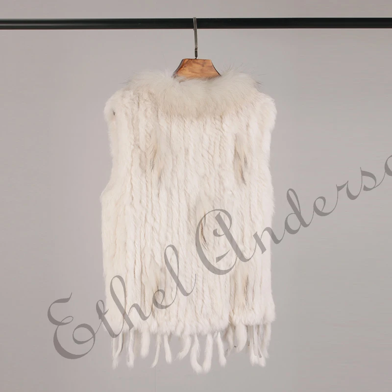 ETHEL ANDERSON Genuine Rabbit Fur Vest Gilet Tassels High Quality Real Fur Kintted Waistcoat Vtg Raccoon Fur Collar Outwear Top