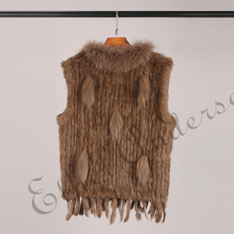 ETHEL ANDERSON Genuine Rabbit Fur Vest Gilet Tassels High Quality Real Fur Kintted Waistcoat Vtg Raccoon Fur Collar Outwear Top