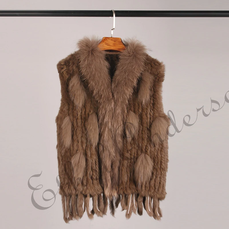 ETHEL ANDERSON Genuine Rabbit Fur Vest Gilet Tassels High Quality Real Fur Kintted Waistcoat Vtg Raccoon Fur Collar Outwear Top