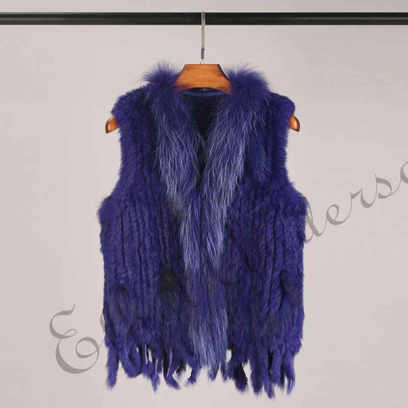 ETHEL ANDERSON Genuine Rabbit Fur Vest Gilet Tassels High Quality Real Fur Kintted Waistcoat Vtg Raccoon Fur Collar Outwear Top