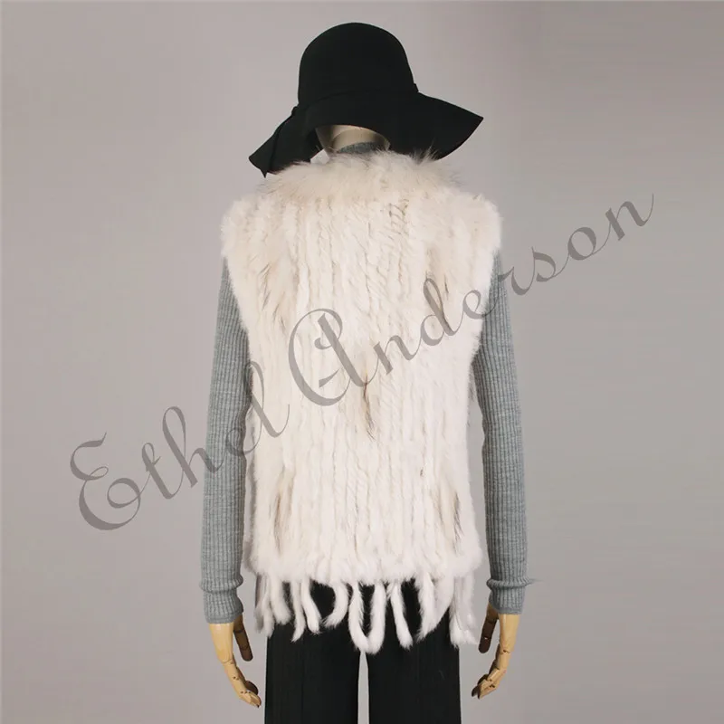 ETHEL ANDERSON Genuine Rabbit Fur Vest Gilet Tassels High Quality Real Fur Kintted Waistcoat Vtg Raccoon Fur Collar Outwear Top