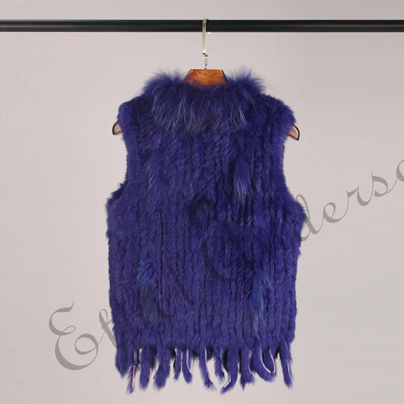 ETHEL ANDERSON Genuine Rabbit Fur Vest Gilet Tassels High Quality Real Fur Kintted Waistcoat Vtg Raccoon Fur Collar Outwear Top