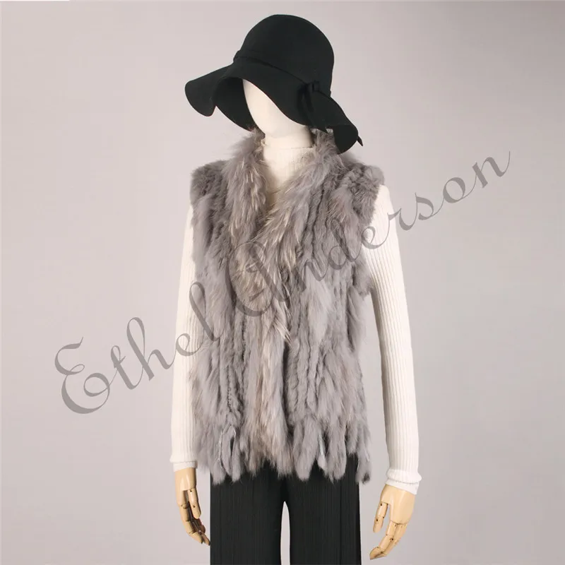 ETHEL ANDERSON Genuine Rabbit Fur Vest Gilet Tassels High Quality Real Fur Kintted Waistcoat Vtg Raccoon Fur Collar Outwear Top