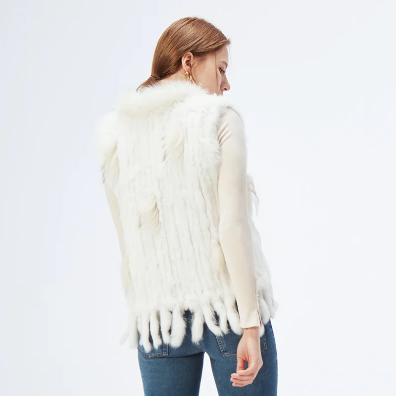 ETHEL ANDERSON Genuine Rabbit Fur Vest Gilet Tassels High Quality Real Fur Kintted Waistcoat Vtg Raccoon Fur Collar Outwear Top